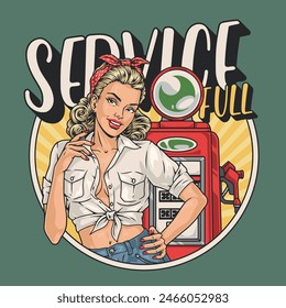Gas station vintage poster colorful with beautiful young lady standing near pump for refueling car vector illustration