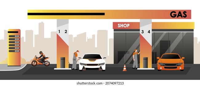 Gas station with white white, orange cars and sport motorcycle with biker. Two workers in grey uniforms refuel auto tank. Roadside shop, price display, city shadow on background. Vector illustration