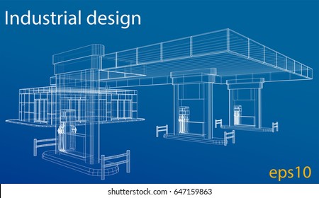 Gas Station. Wire frame vector illustration. 3d rendering