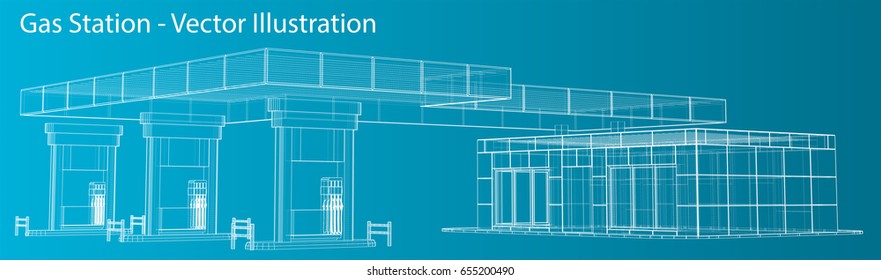 Gas Station. Wire frame vector illustration. 3d rendering