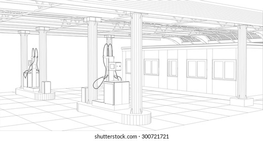 Gas station wire-frame line vector. Illustration created of 3d. EPS 10 vector format.