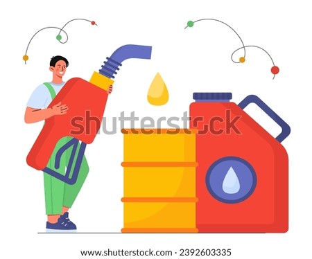 Gas station worker concept. Man near canisters with fuel for transport, automobile and vehicle. Young guy in uniform with drops of oil. Cartoon flat vector illustration isolated on white background