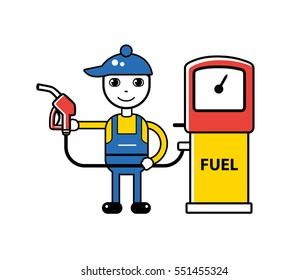 Gas station worker with a fuel pump nozzle. Filling station illustration.