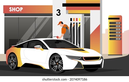 Gas station worker in grey uniform refuel white sedan car tank  Auto trunk decorated and yellow  orange gradient elements  Roadside shop  city shadow background  Vector illustration