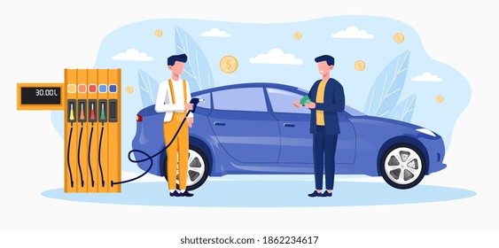 Gas Station Worker Helping To Refuel Car. Concept Of Petrol Economy. Service Filling Gas Or Biodiesel Into Tank. Flat Cartoon Vector Illustration