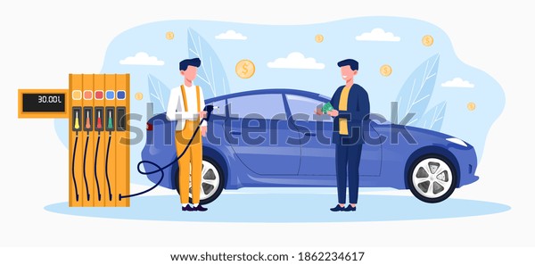 Gas station worker helping to refuel car.\
Concept of petrol economy. Service filling gas or biodiesel into\
tank. Flat cartoon vector\
illustration