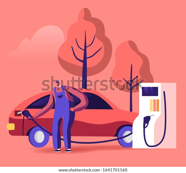 Gas Station Worker Hold Filling Gun for\
Pouring Fuel Into Car. Employee in Workwear at Petroleum Station\
Refueling Automobile, Transport Gasoline Service for Drivers.\
Cartoon Flat Vector\
Illustration