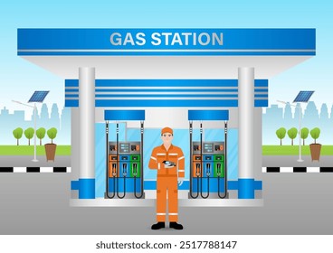 Gas Station Worker Holding Payment Terminal to offer Customer for Using Credit Card Payment. Refuel Car at Petro Station Concept. Vector Illustration. 