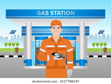 Gas Station Worker Holding Payment Terminal to offer Customer for Using Credit Card Payment. Refuel Car at Petro Station Concept. Vector Illustration. 