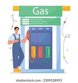 Trabajador de la gasolinera. Hombre con uniforme al lado del tanque de combustible para autos y vehículos. Hombre vertiendo combustible en un automóvil en una estación petrolera. Afiche o pancarta. Dibujo vectorial plano de dibujos animados