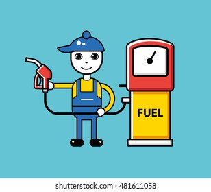 Gas station worker with a pump nozzle. Fueling illustration.