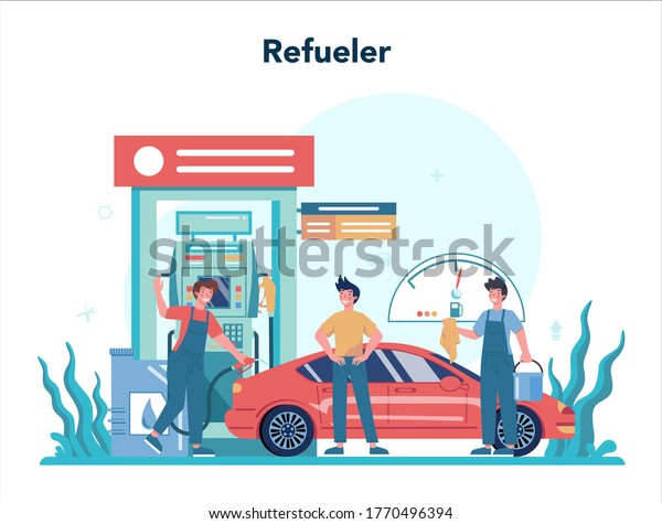 Gas station worker or\
refueler concept. Worker in uniform working with a filling gun. Man\
pouring fuel into car in petroleum station. Isolated vector\
illustration