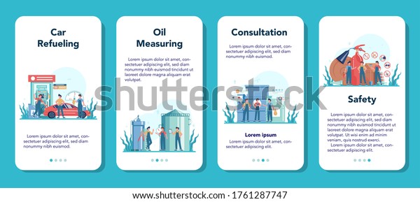 Gas\
station worker or refueler mobile application banner set. Worker in\
uniform working with a filling gun. Man pouring fuel into car in\
petroleum station. Isolated vector\
illustration