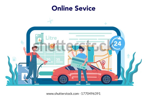 Gas station worker or refueler online\
service or platform. Worker in uniform working with a filling gun.\
Isolated vector\
illustration