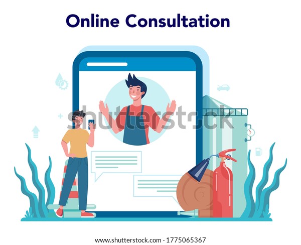 Gas station worker or refueler online\
service or platform. Worker in uniform working with a filling gun.\
Online consultation. Isolated vector\
illustration