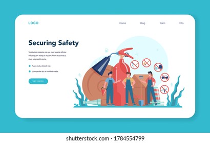 Banner web o página de aterrizaje del trabajador de la gasolinera o del repostador. Trabajador uniformado trabajando con una pistola de relleno. Hombre vertiendo combustible en un auto en una estación de petróleo. Ilustración vectorial aislada
