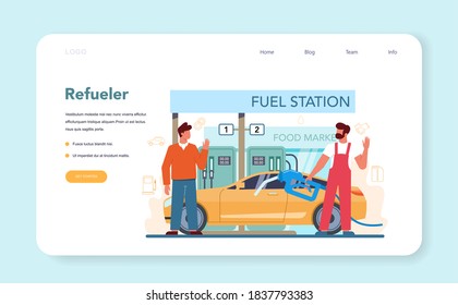 Gas station worker or refueler web banner or landing page. Worker in uniform working with a filling gun. Man pouring fuel into car in petroleum station. Isolated vector illustration