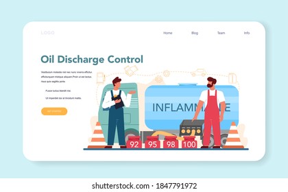Gas station worker or refueler web banner or landing page. Worker in uniform working with a filling gun. Man pouring fuel into car in petroleum station. Isolated vector illustration