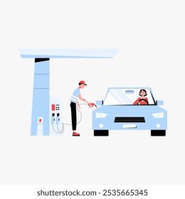 Trabajador de gasolinera repostando un coche con un Cliente dentro en Ilustración vectorial plana que simboliza el servicio de combustible, repostaje de vehículos y transporte, aislado sobre fondo blanco.