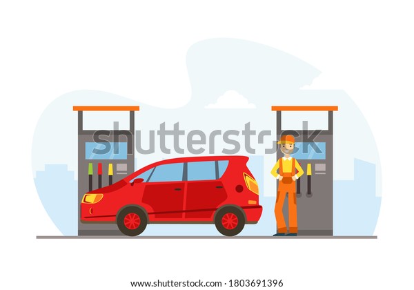 Gas Station Worker\
Standing next to Fuel Dispenser Filling up Fuel into Red Car\
Cartoon Vector\
Illustration