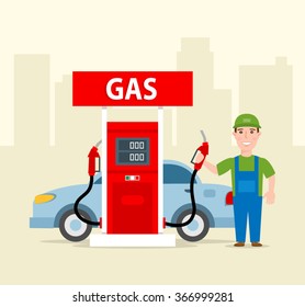 gas station worker in uniform fuel the car concept illustration