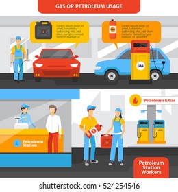 Gas station workers horizontal banners set with people and cars flat isolated vector illustration 