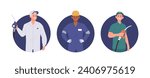 Gas station workers, mechanics, technicians cartoon characters isolated round icon composition set
