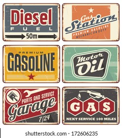 Gas stations and car service vintage tin signs collection. Set of transportation retro metal banners and ads.