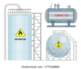 Gas stations with ladder, flammable gas, explosive gas. Huge storage tank for compressed gas. Dangerous under pressure. Industrial construction. Reservoir for butane, propane, methane. Different forms