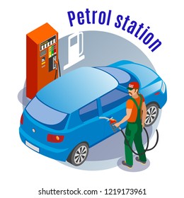 Gas stations refills isometric background with images of fuel filling column car fuelman character and text vector illustration