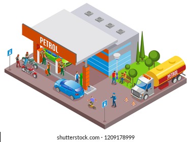 Gas Stations Refills Isometric Composition With Urban Scenery And Petrol Filling Station With People And Cars Vector Illustration