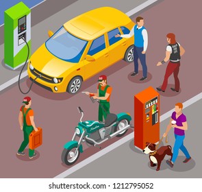 Gas stations refills isometric composition with gasoline filling columns for cars and motorbikes with people characters vector illustration