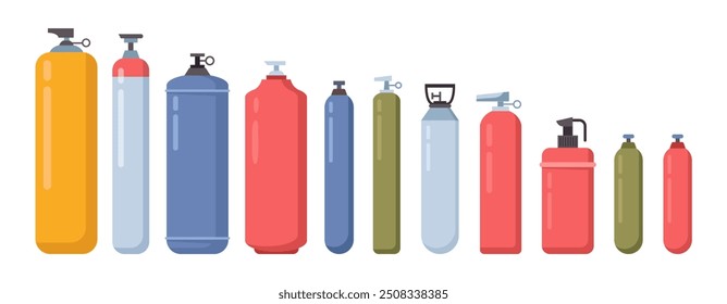 Gas storage cylinders flat. Vector isolated set of containers for oxygen, nitrogen, carbon dioxide, helium tanks. Industrial fuel canisters for petrol for drivers. Empty packages with copy space