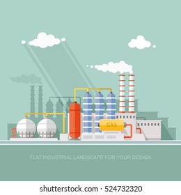 Gas Storage Spheres Tank In Petrochemical Plant. Extraction And Processing Of Liquefied. Factory, Station On The Background Of The Urban Landscape. Flat Icon