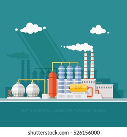 Gas Storage Spheres Tank In Petrochemical Plant. Extraction And Processing Of Liquefied. Factory, Station On The Background Of The Urban Landscape. Flat Icon