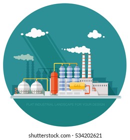 Gas Storage Spheres Tank In Petrochemical Plant. Extraction And Processing Of Liquefied. Factory, Station On The Background Of The Urban Landscape. Flat Icon