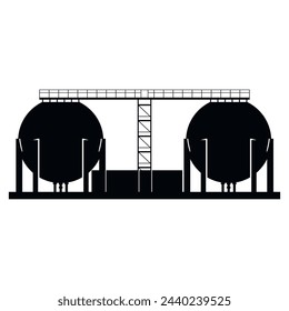 Gas storage tank chemical factory production black minimal icon isometric vector illustration. Refinery manufacturing container petrochemical station reservoir industrial construction with stairs