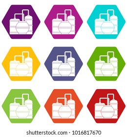 Gas storage tanks icon set many color hexahedron isolated on white vector illustration