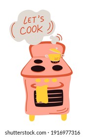 Gas stove with boiling water in a pot. Cooking on fire vector set. Water boiling on flame, cooker with flame. Let’s cook. Vector illustration in flat style.