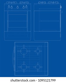 Gas stove concept. Vector rendering of 3d. Wire-frame style. The layers of visible and invisible lines are separated