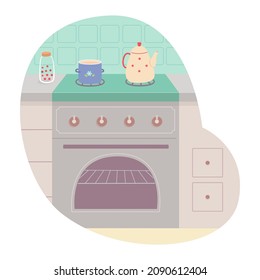 Gas stove in home kitchen vector illustration. Cartoon cute room interior with modern furniture and equipment, kitchenware for cooking food, pot saucepan and kettle on stove isolated on white