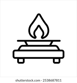 Gas Stove Icon. An outline icon of a gas stove burner with a flame, representing cooking or kitchen appliances. Suitable for culinary, cooking, and kitchen illustrations.