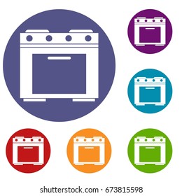 Gas stove icons set in flat circle reb, blue and green color for web