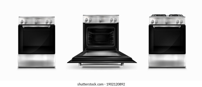Gas stove and induction cooking panel with electric ovens, open and closed door isolated on white background. Vector realistic set of metal kitchen cooker front view