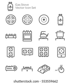 Gas Stove Kitchen Vector Icon Set. Included the icons as switch, pot, boiling, cooker, outdoor portable gas stove, oven, gas tank  and more.