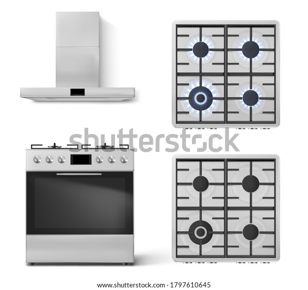 Gas stove\
with oven and cooker hood in front view isolated on white\
background. Vector realistic set of metal range hood and top view\
of kitchen cooktop with lit and off\
burners