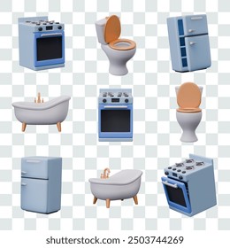 Gas stove with oven, toilet, refrigerator, bathtub. Set of vector realistic elements