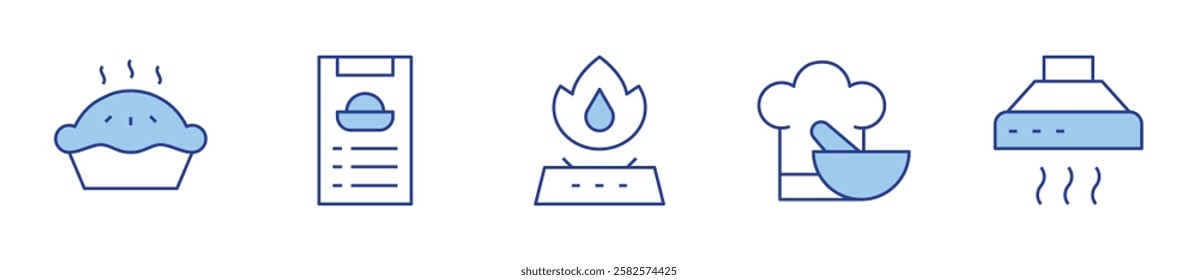 gas stove, pie, cooking, recipe, extractor hood. Cooking Icon vector illustration. Line Duotone style. Editable stroke.