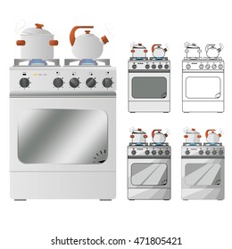 gas stove with pots and pans in various stages of drawing. The object to be used by designers in the drawing. Vector Illustration