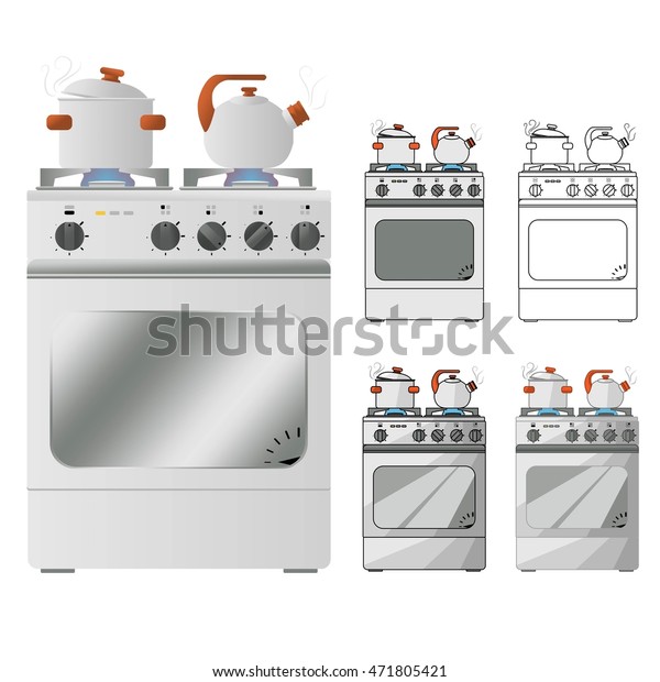 Gas Stove Pots Pans Various Stages Stock Vector Royalty Free